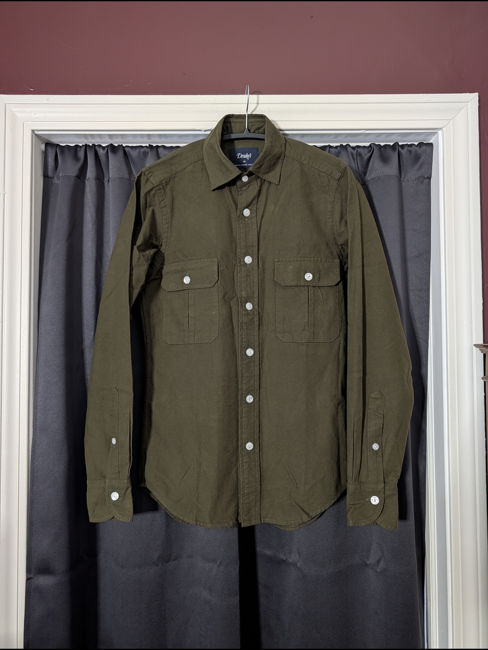 DRAKE'S Dark Green Brushed Cotton Flannel Western Work Shirt England XS